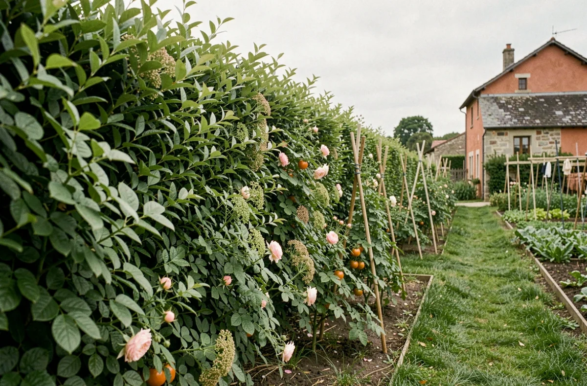Haie naturelle composée de charme, de sureau et d'églantier protégeant un potager du vent en milieu rural