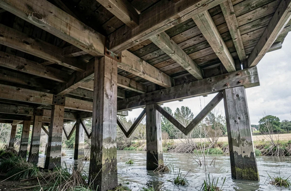Dessous d'un hangar sur pilotis en bois près d'un cours d'eau en zone inondable