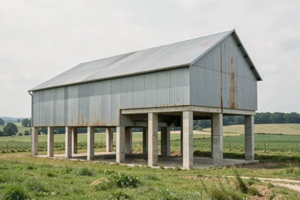 Hangar agricole sur pilotis en béton dans la campagne française, vue grand angle