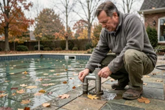 Homme préparant la piscine pour l'hivernage en connectant une pompe de vidange en automne