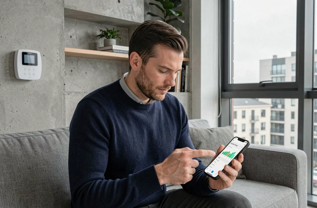 Homme consultant une application de gestion énergétique domotique sur smartphone dans un salon moderne avec thermostat connecté