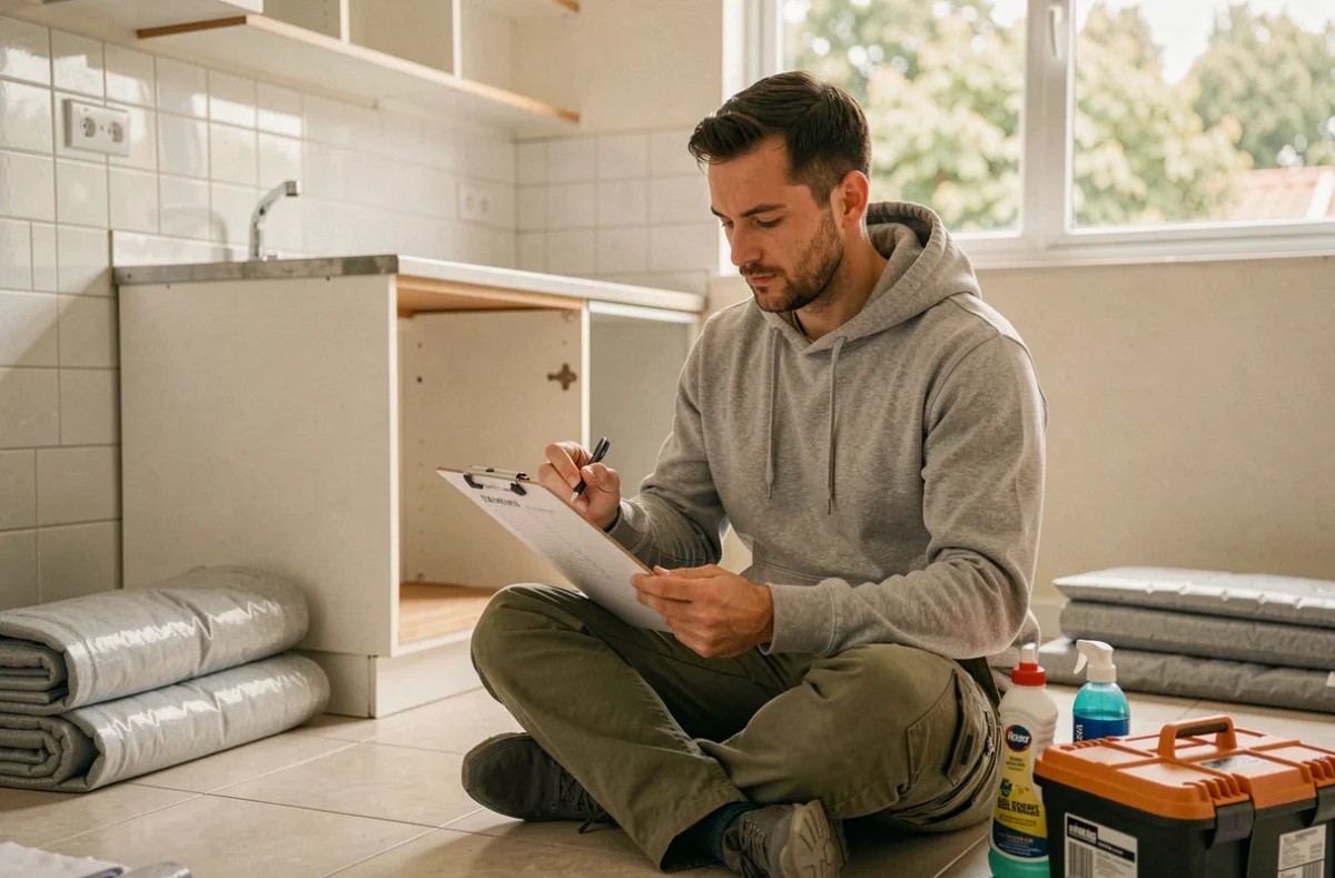 Homme consultant une liste de tâches dans la cuisine vide de son nouveau logement