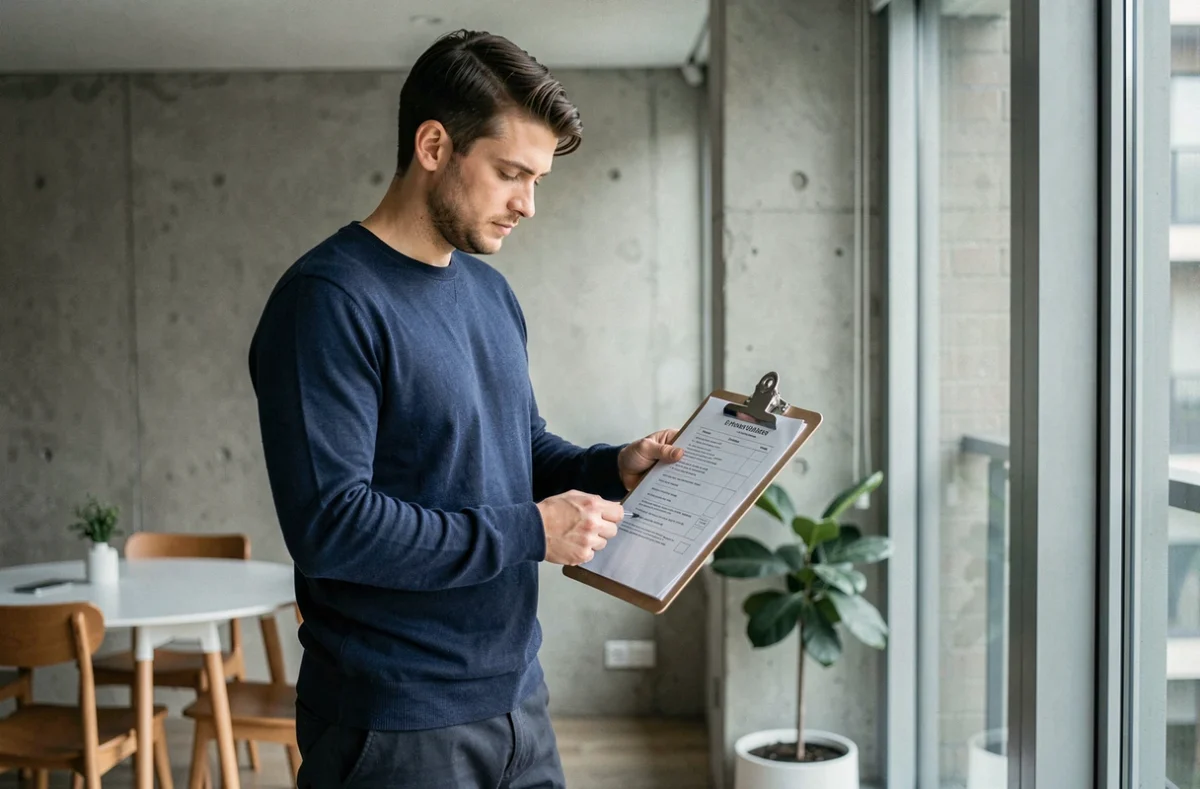 Homme vérifiant une liste de documents pour un dossier de location dans un appartement moderne