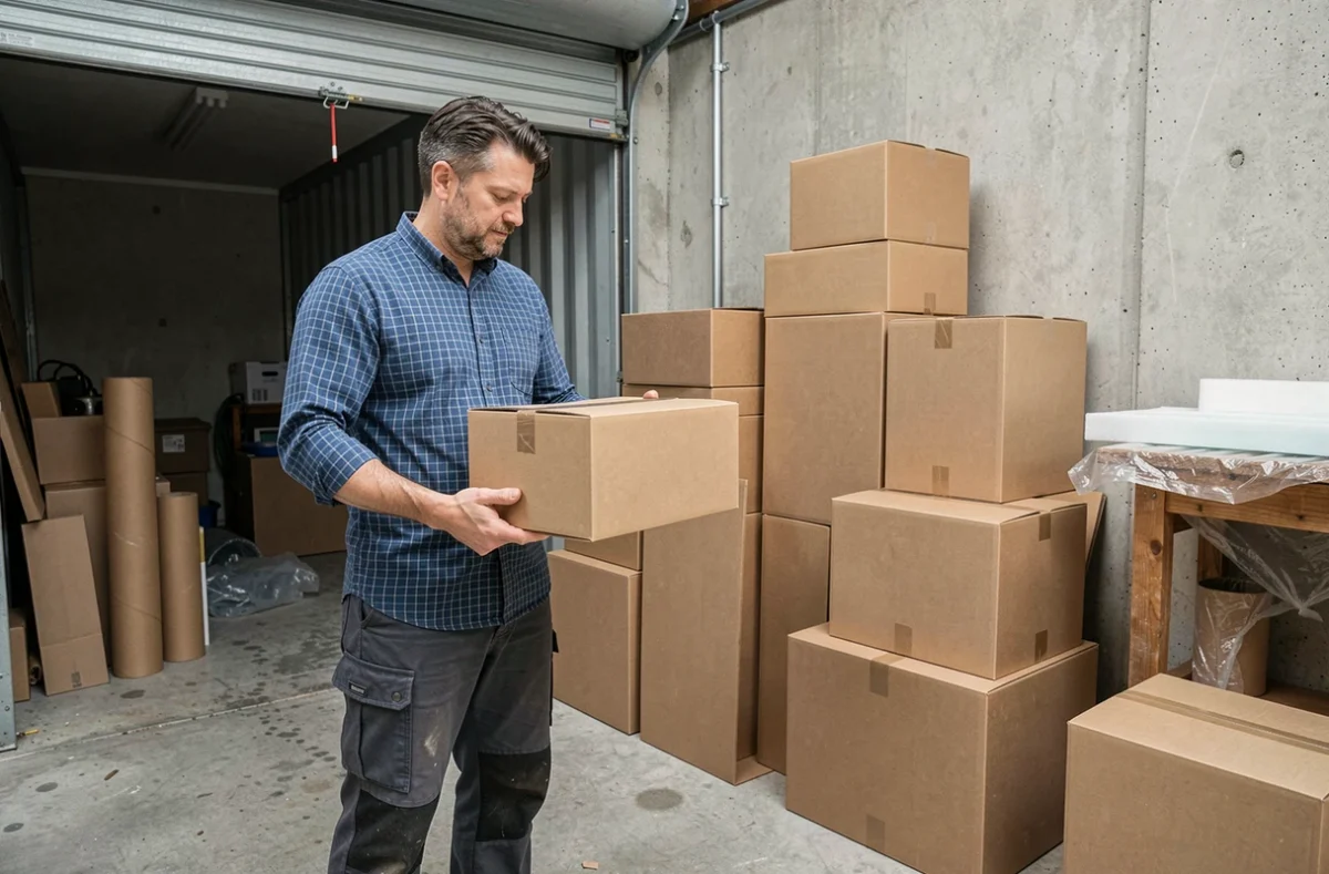 Homme comparant différents types de cartons de déménagement devant un garage avec matériaux d'emballage