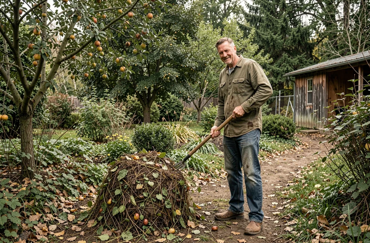 Homme retournant un compost dans un jardin de permaculture avec une fourche, entouré d'arbres fruitiers et de plantes en strates
