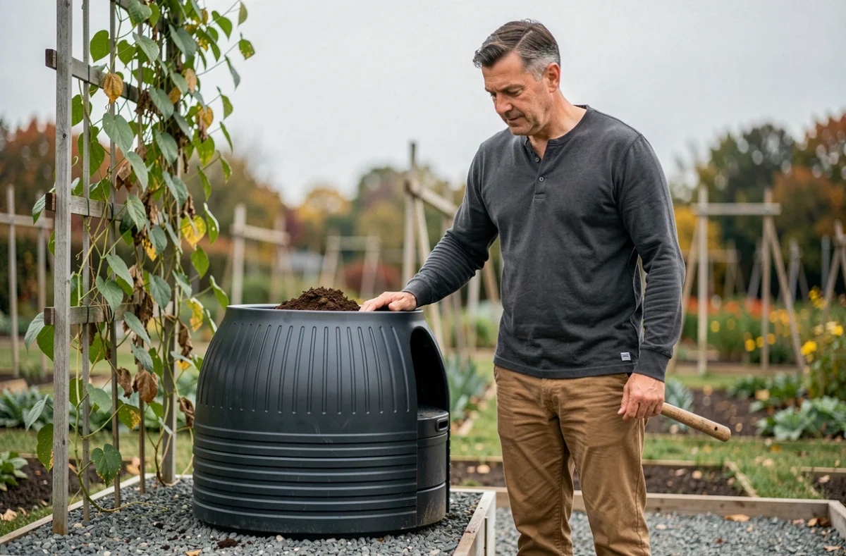 Homme utilisant un composteur rotatif compact discret en bordure de jardin avec treillis végétalisé