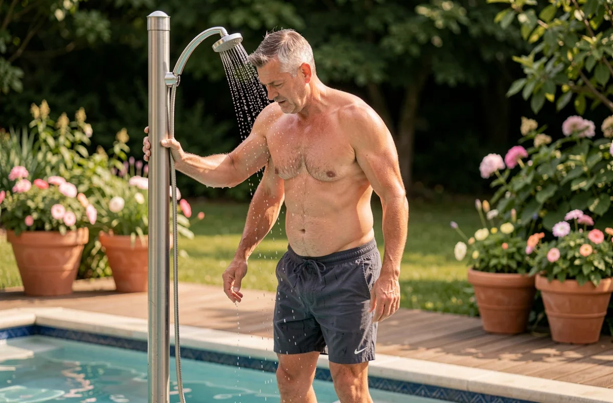 Homme en maillot de bain se rinçant sous une douche solaire extérieure autonome au bord d'une piscine de jardin