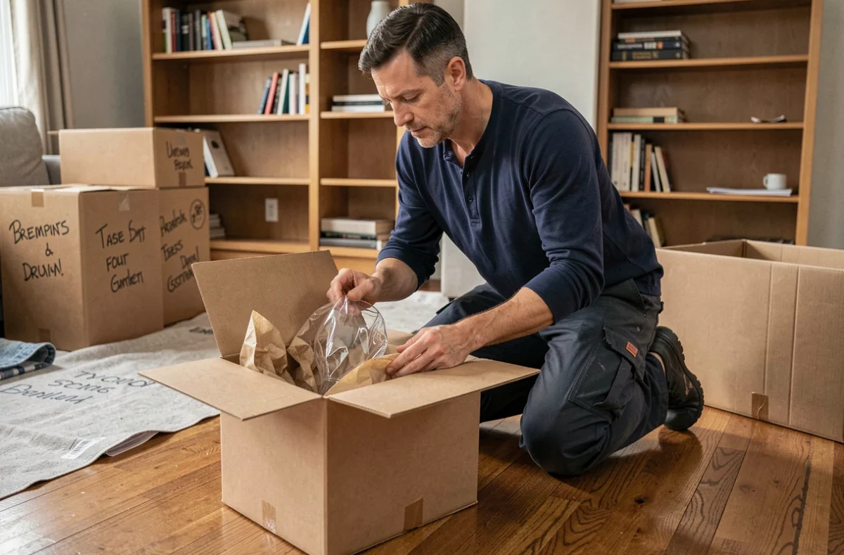 Homme plaçant délicatement un verre emballé dans un carton de déménagement rembourré de papier froissé