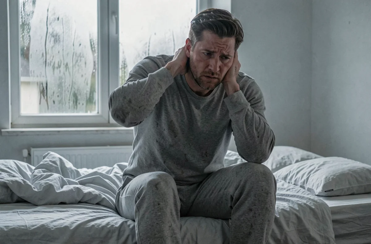 Homme fatigué assis au bord d'un lit humide le matin avec une fenêtre couverte de condensation en arrière-plan