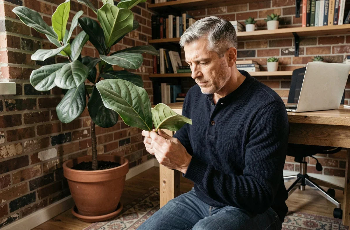 Homme inspectant un ficus lyrata dépolluant dans un bureau à domicile avec murs en brique et étagères de plantes vertes