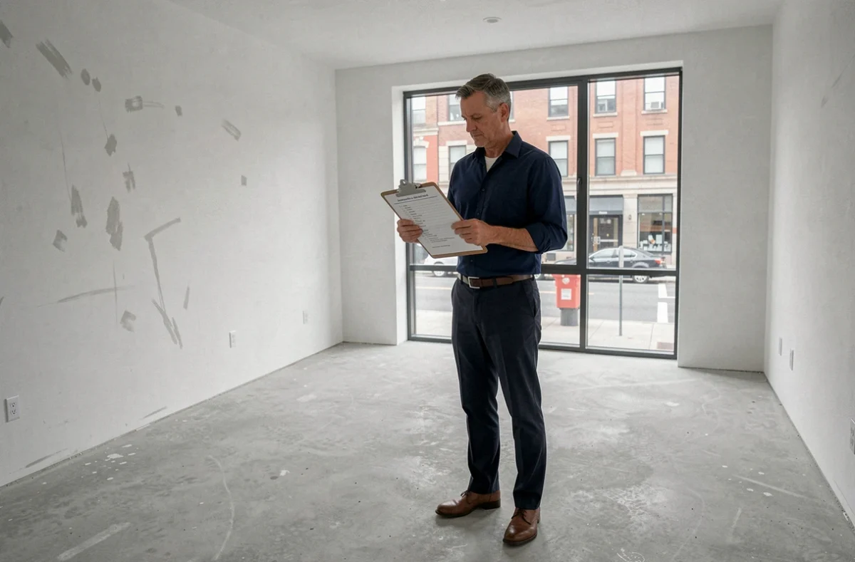 Homme inspectant l'état d'un appartement vide avec une liste de vérification avant la signature du bail