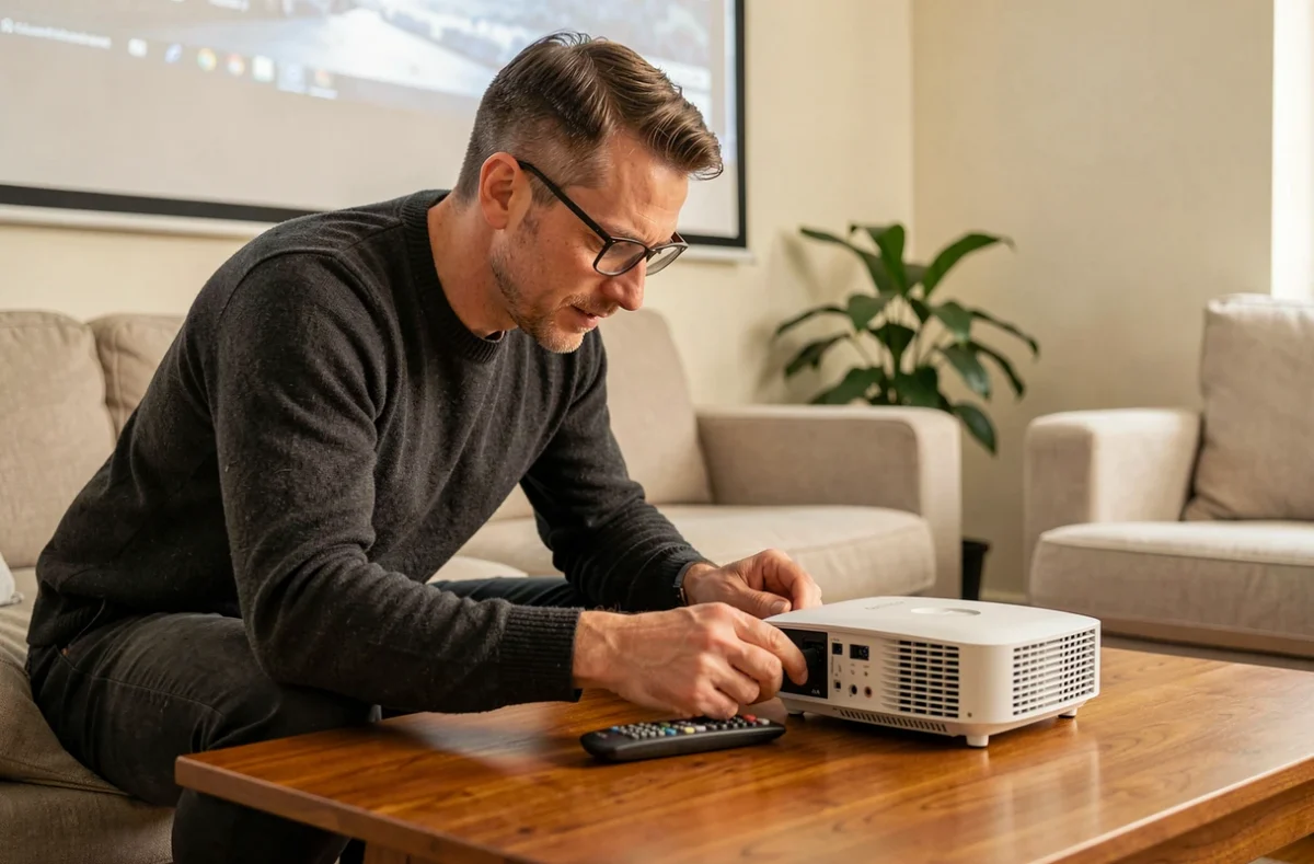 Homme installant et configurant un vidéoprojecteur compact sur une table basse dans un salon familial moderne