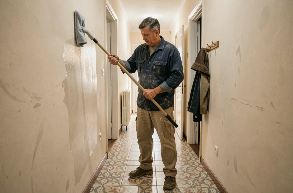 Homme utilisant un balai à plat microfibre pour lessiver un mur de couloir beige