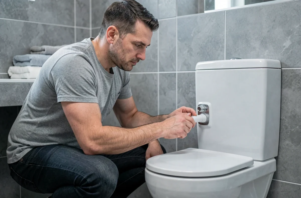 Homme inspectant le mécanisme de chasse d'eau double débit pour économiser l'eau dans la salle de bain