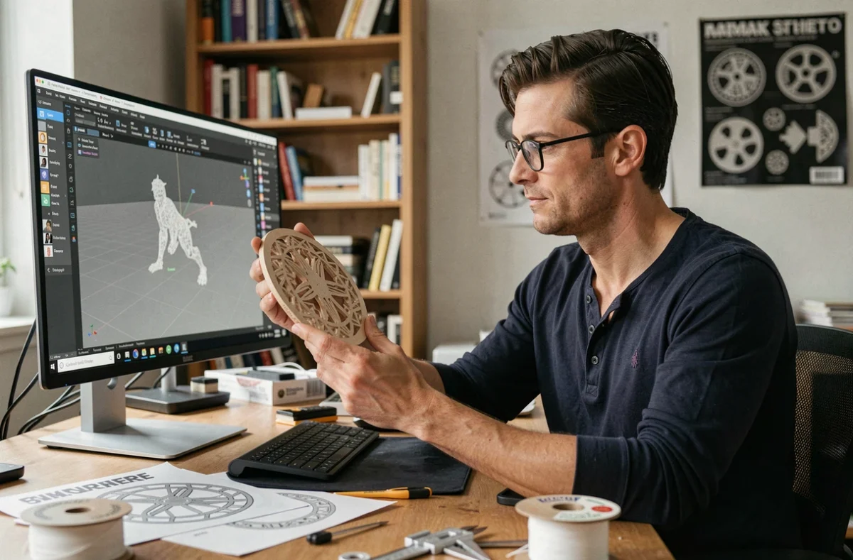 Homme comparant une plaque décorative imprimée en 3D avec son modèle numérique sur un écran d'ordinateur dans un bureau à domicile