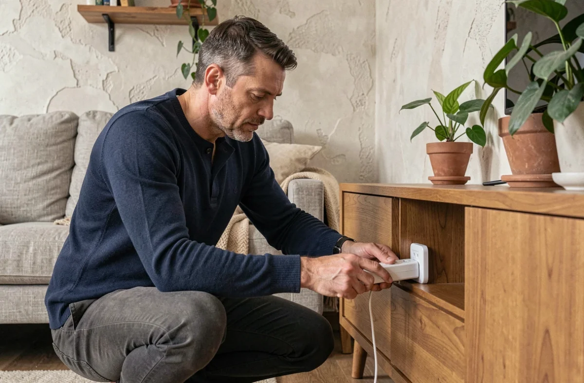 Homme connectant une multiprise intelligente dans un salon cosy avec étagères et plantes d'intérieur