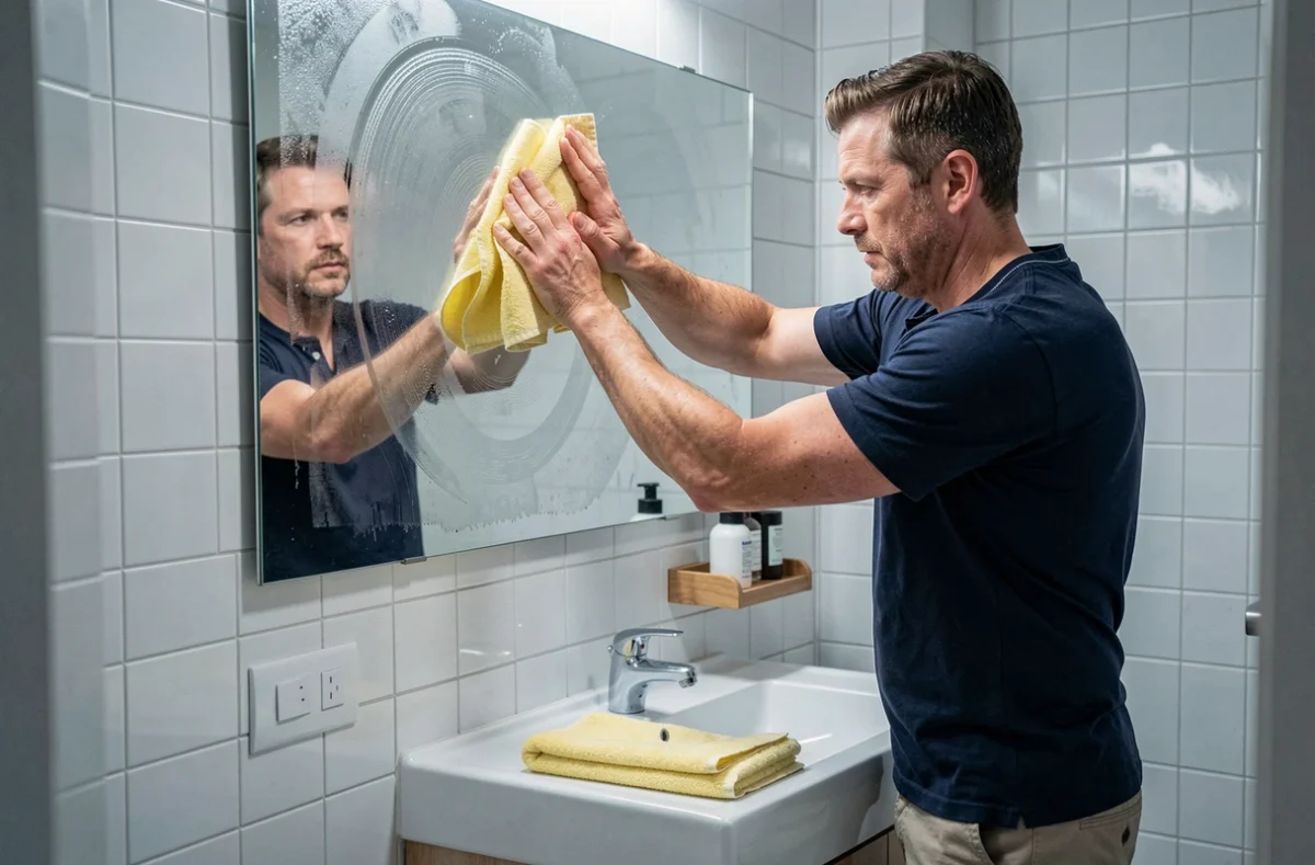 Homme nettoyant le miroir de la salle de bain avec un chiffon humide