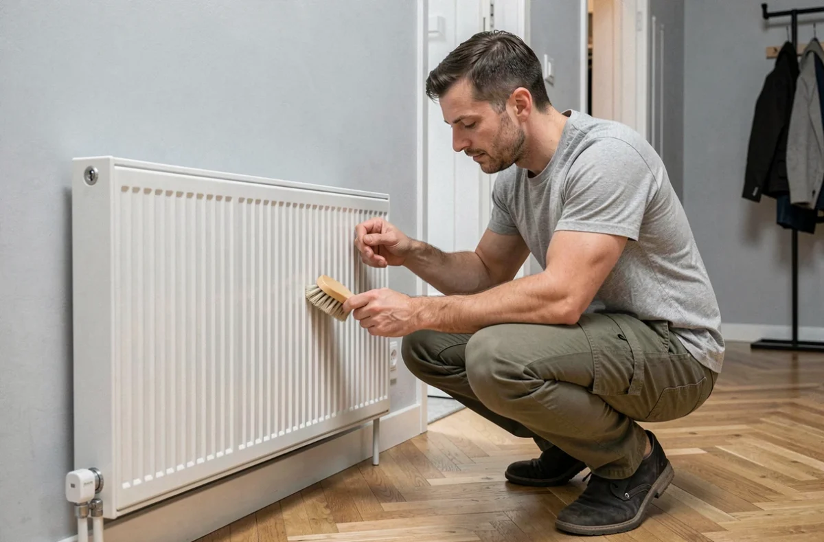 Homme nettoyant un radiateur avec une brosse douce pour réduire l'accumulation de poussière dans l'entrée