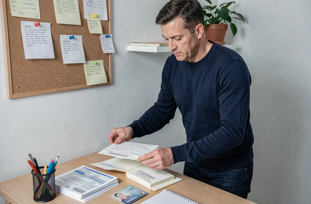 Homme organisant ses courriers et documents administratifs dans un bureau à domicile avant un changement d'adresse