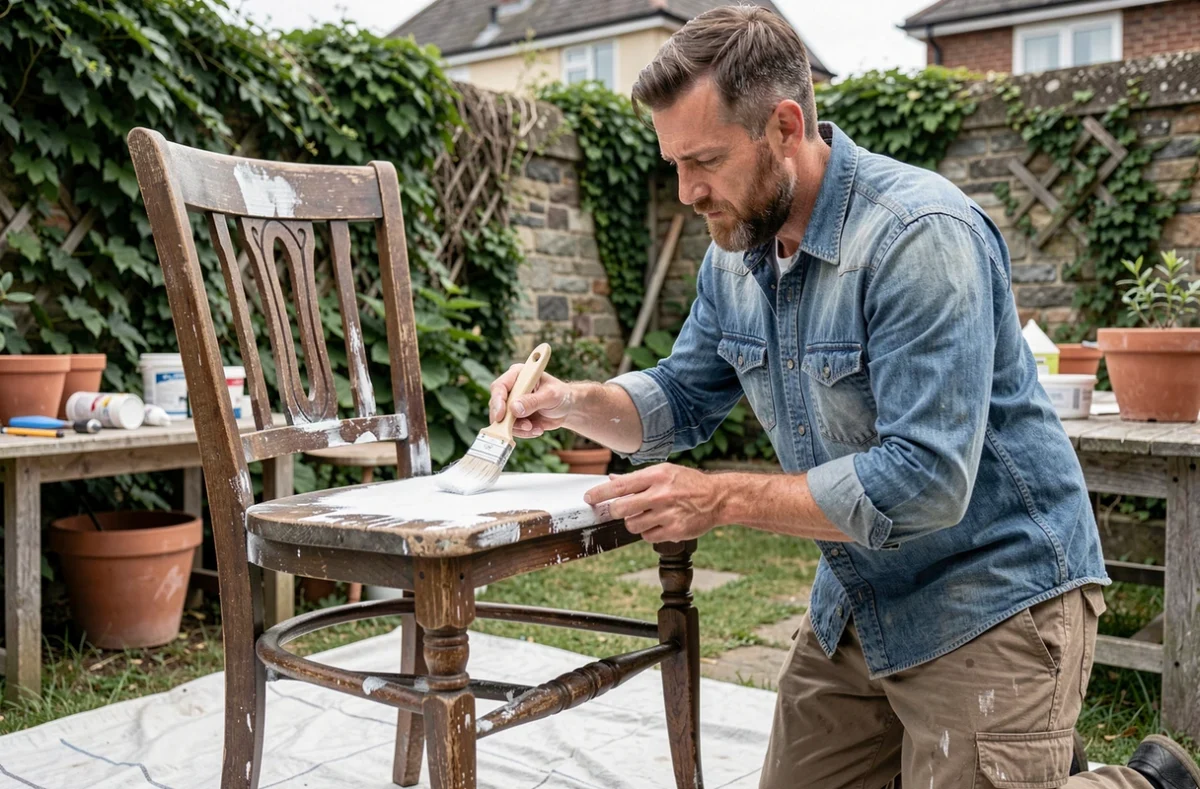 Homme appliquant de la peinture craie sur une chaise ancienne en bois dans un jardin, projet de meuble recyclé DIY