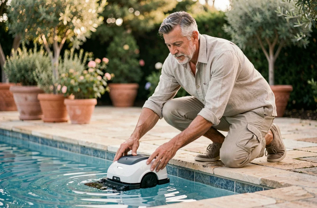 Homme déposant un robot nettoyeur de piscine dans l'eau depuis le bord d'une piscine extérieure entourée de pierres naturelles
