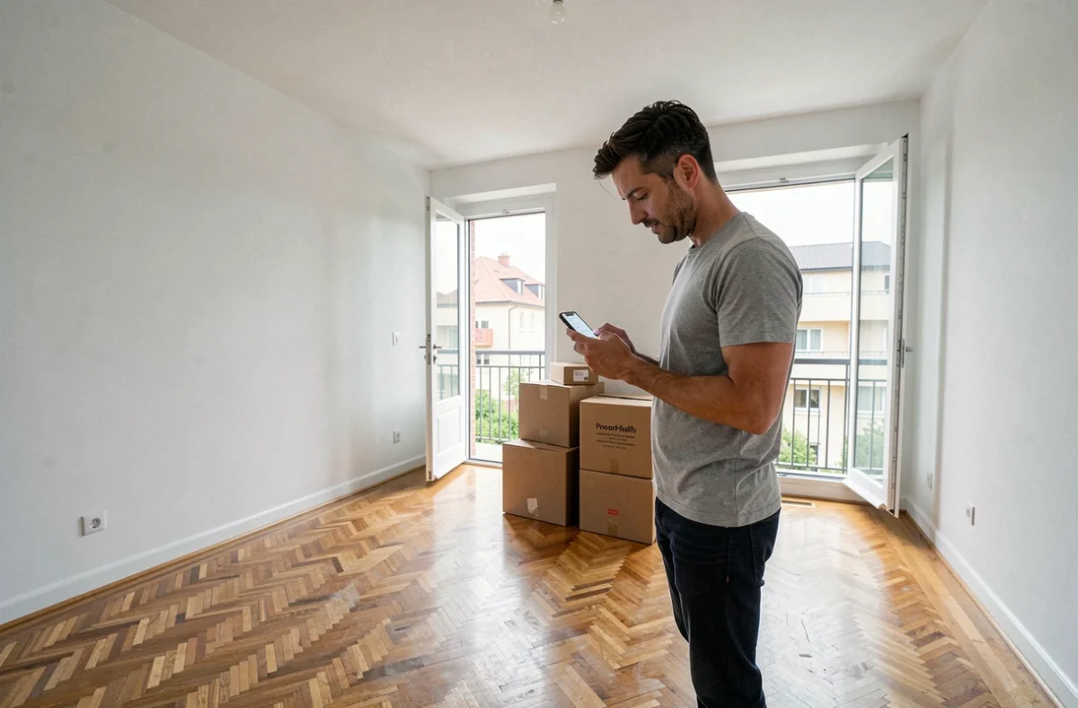 Homme gérant le transfert de contrats d'énergie sur smartphone dans un appartement vide après déménagement