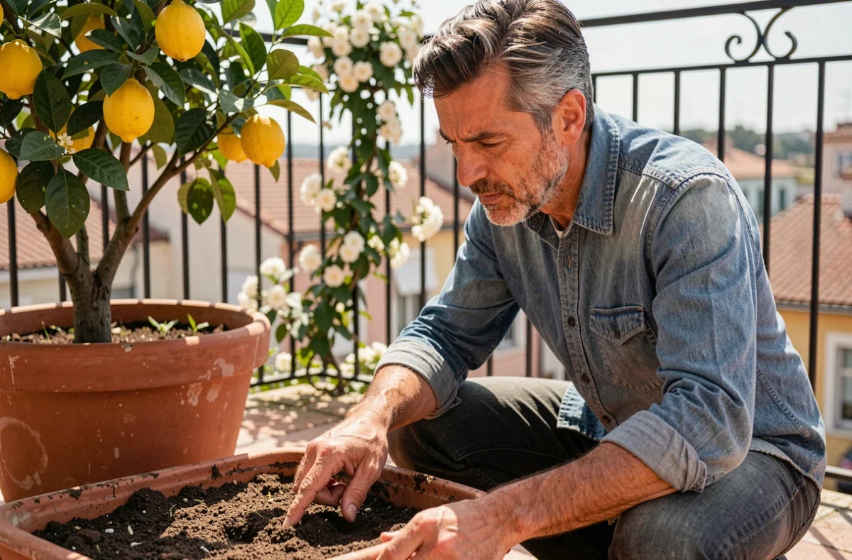 Homme vérifiant l'humidité du sol d'un citronnier en pot sur un balcon pour savoir si la plante est heureuse
