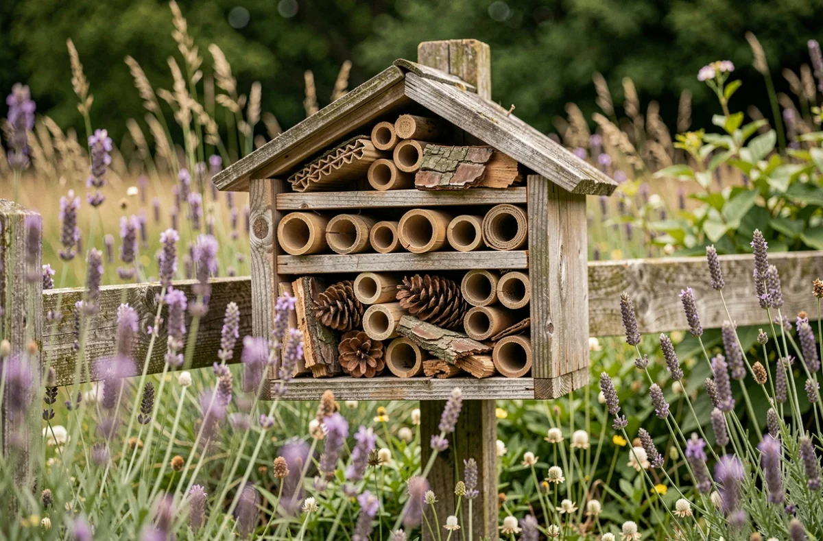 Hôtel à insectes artisanal en bois recyclé fixé sur un piquet de clôture dans un jardin naturel fleuri