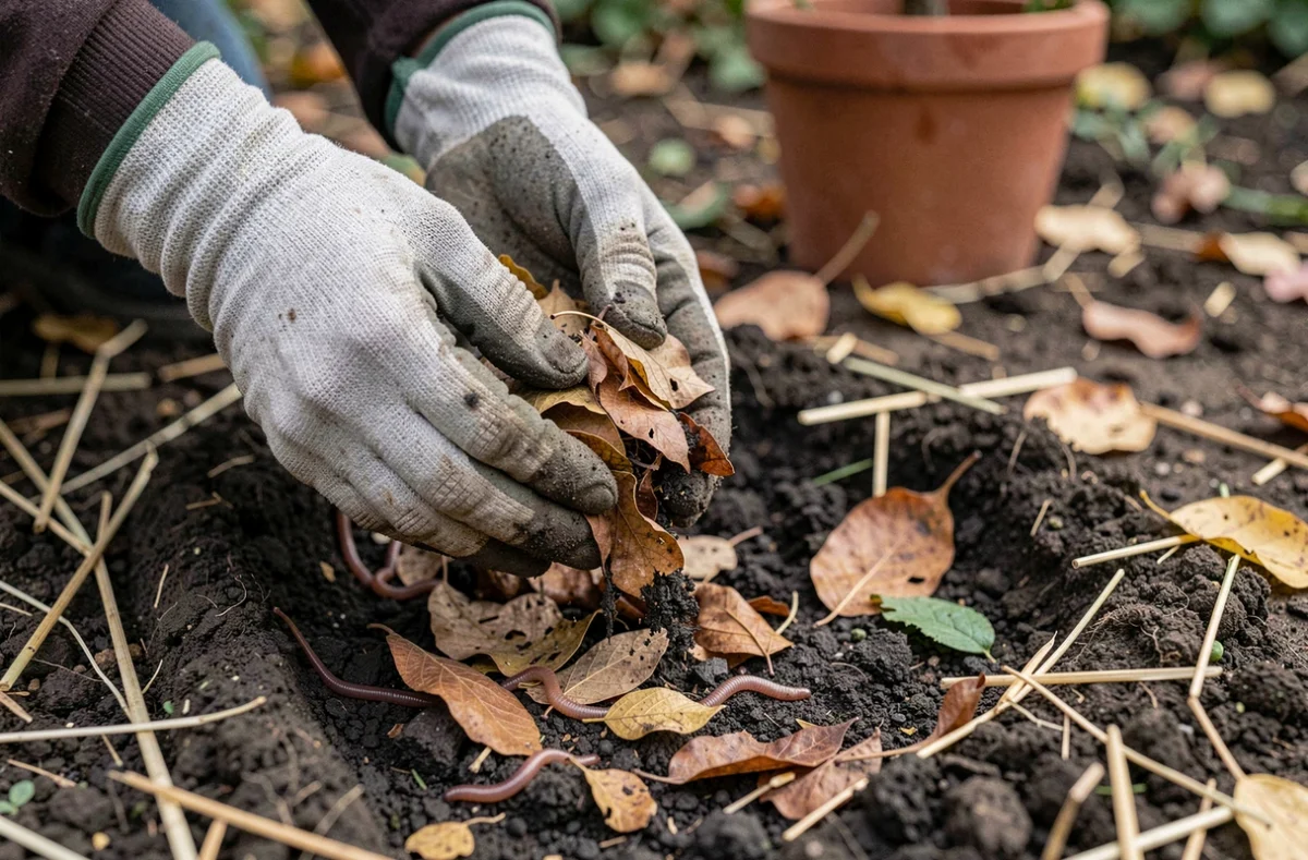Gros plan de mains incorporant du compost de feuilles mortes dans la terre d'un potager pour l'enrichir naturellement