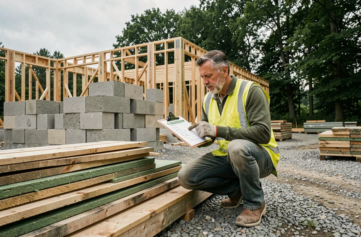 Ingénieur inspectant des matériaux de construction durables sur un chantier écologique