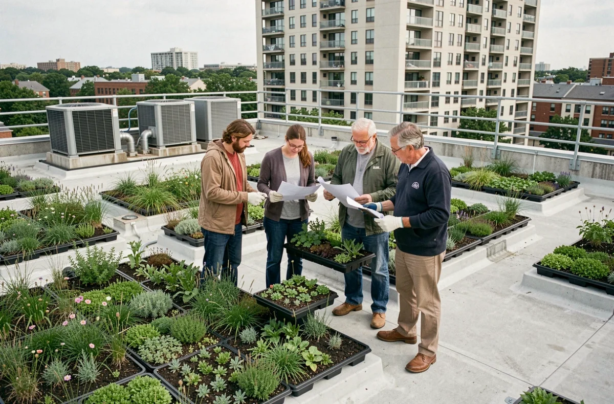 Groupe de citoyens examinant des modules de toiture végétalisée lors d'une initiative communautaire sur un immeuble urbain