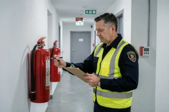 Inspecteur de sécurité incendie examinant un extincteur dans le couloir d'un immeuble collectif moderne
