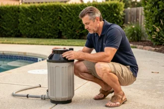 Homme inspectant un filtre à sable de piscine pour améliorer la finesse de filtration