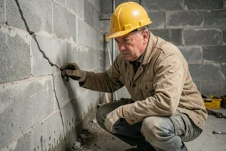 Ouvrier inspectant une fissure diagonale sur une fondation en béton dans un sous-sol résidentiel