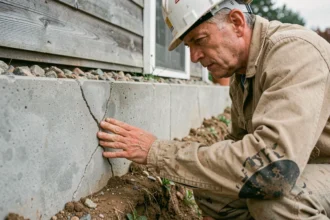 Inspecteur en bâtiment examinant une fissure diagonale sur les fondations en béton d'une maison