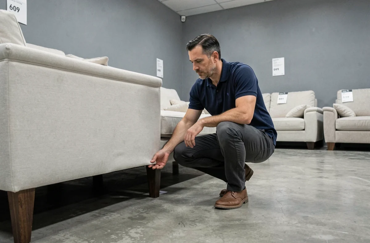 Client inspectant la structure et les finitions d'un canapé d'angle Poltronesofà en showroom