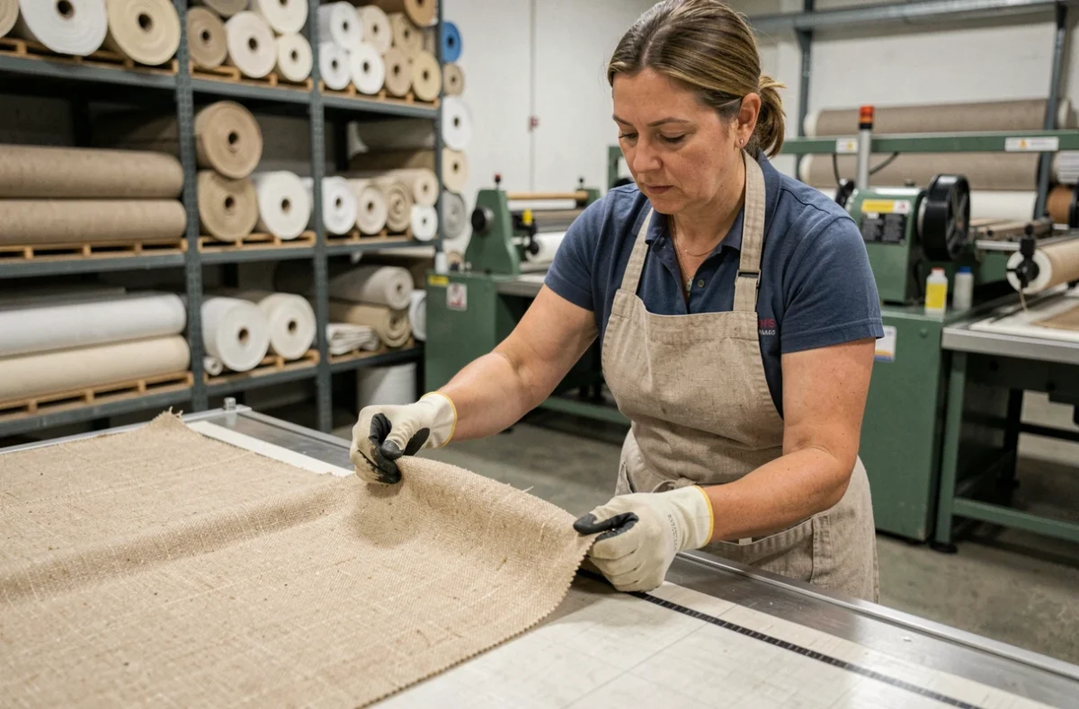 Ouvrière textile inspectant un rouleau de tissu en chanvre dans un atelier de fabrication industrielle
