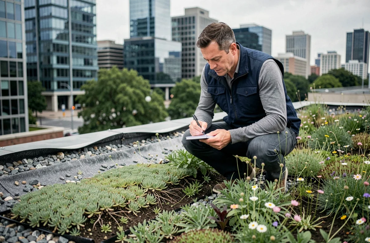 Homme inspectant une toiture végétalisée avec des sedums et des fleurs sauvages au cœur d'une ville moderne