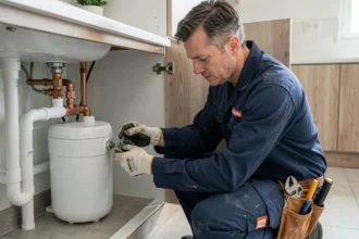 Plombier installant un adoucisseur d'eau sous un évier de cuisine moderne