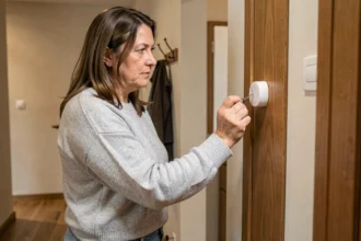 Femme installant elle-même un capteur d'alarme connectée sur le cadre d'une porte d'entrée dans un appartement moderne