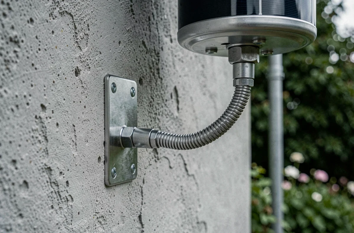 Détail de l'installation d'une douche solaire avec support en inox et flexible de raccordement fixés sur un mur de jardin