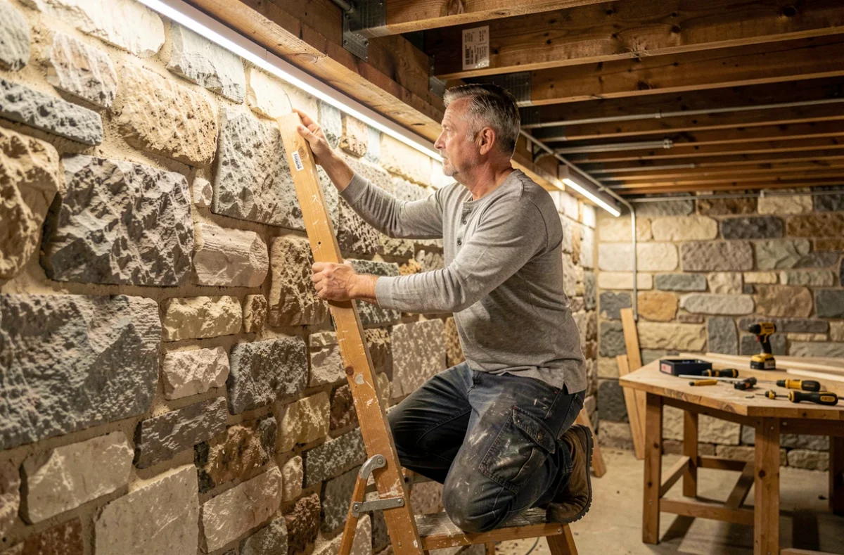 Homme installant une bande LED dans un sous-sol aux murs en pierre brute et plafond en solives