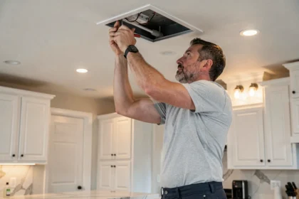 Homme installant un panneau LED encastré dans le plafond d'une cuisine moderne