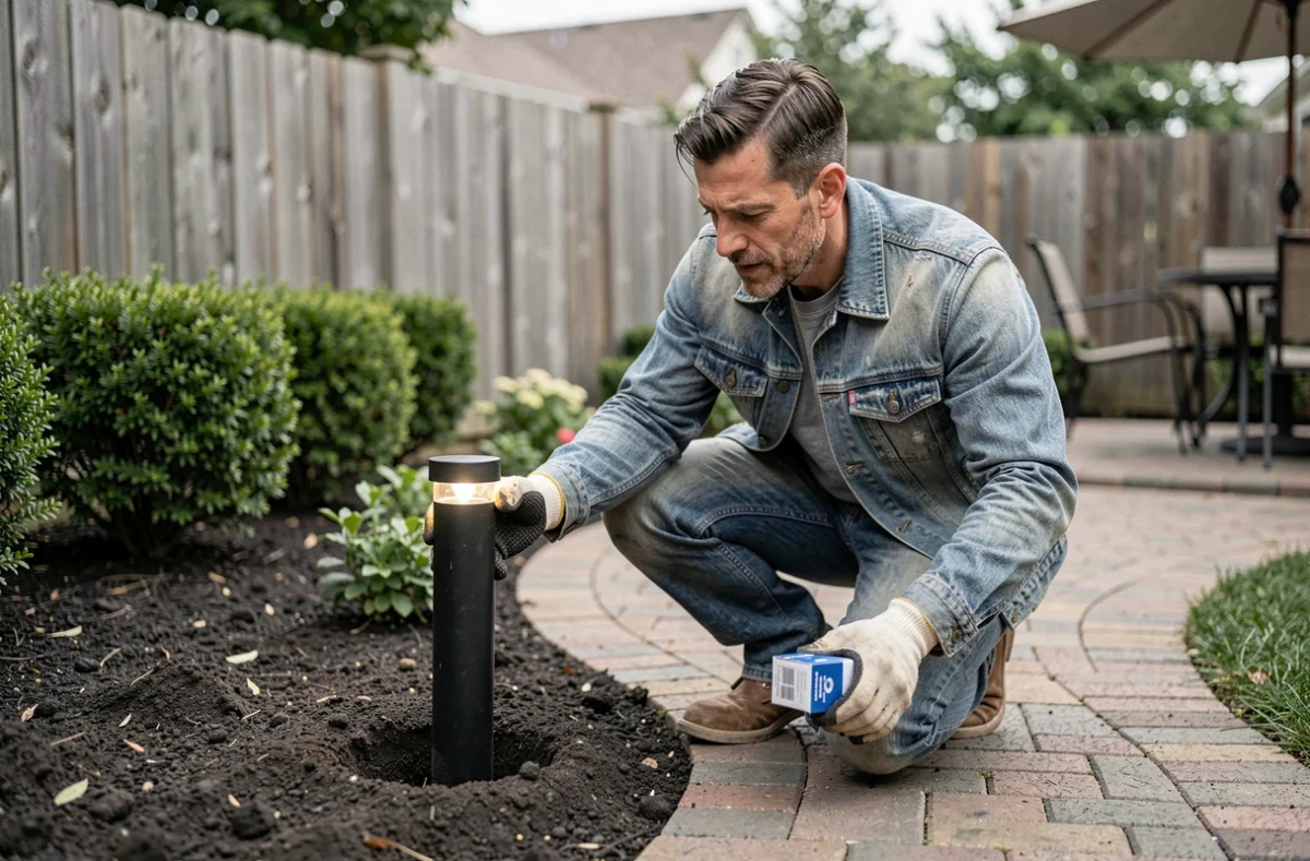 Installateur paysagiste posant un luminaire LED sur piquet le long d'une allée en brique dans un jardin suburban