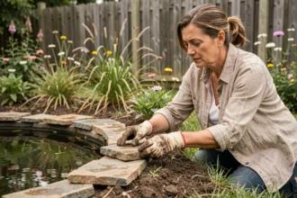 Femme installant des pierres naturelles autour d'une mare de jardin pour favoriser la biodiversité