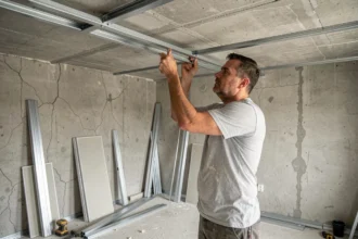 Artisan fixant des rails métalliques au plafond en béton brut pour installer un faux plafond dans une pièce en rénovation