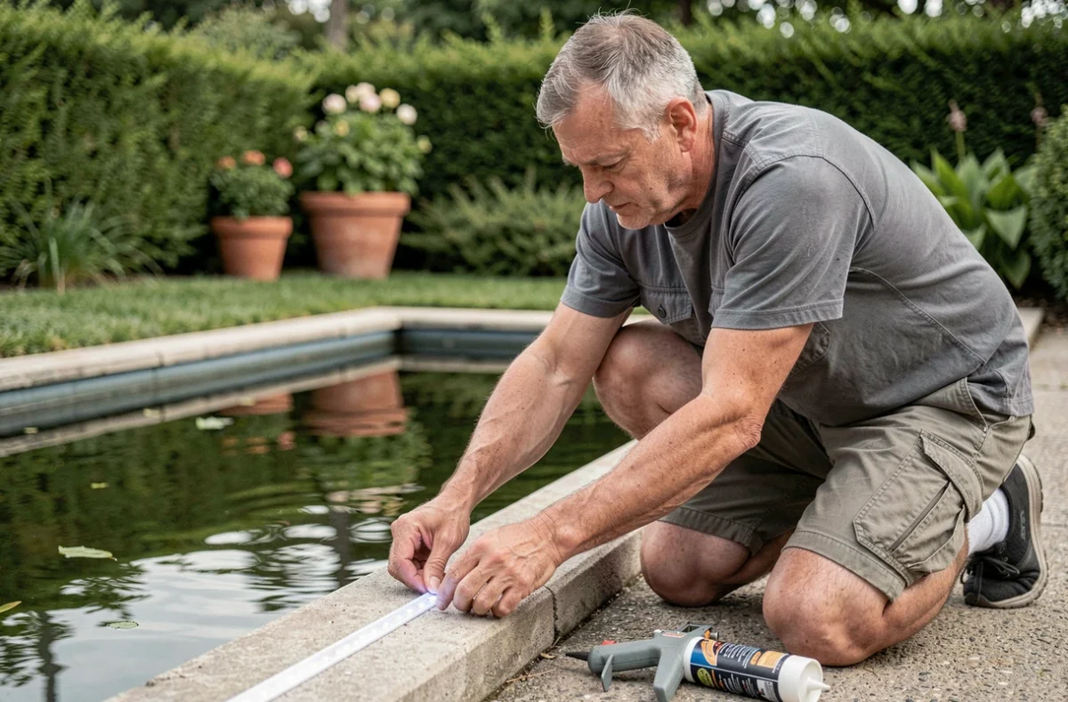 Homme installant un ruban LED étanche sur le pourtour d'un bassin de jardin en béton
