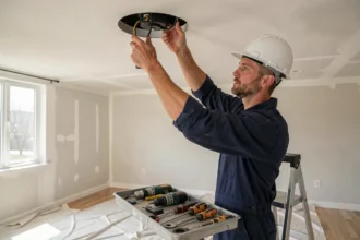 Électricien installant un spot encastré dans un plafond en plâtre blanc lors de travaux de rénovation résidentielle