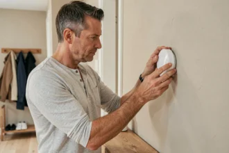 Homme installant un thermostat connecté blanc sur un mur de couloir résidentiel moderne