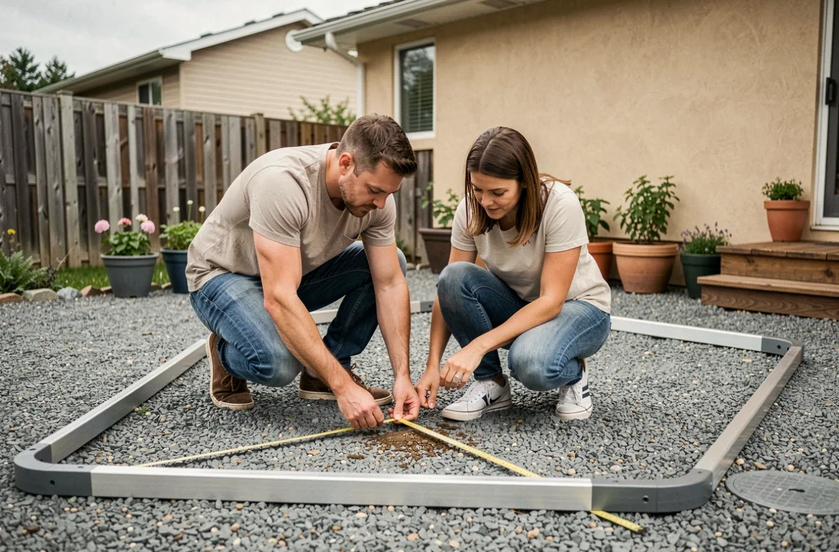 Couple mesurant et nivelant le sol pour installer une piscine hors sol